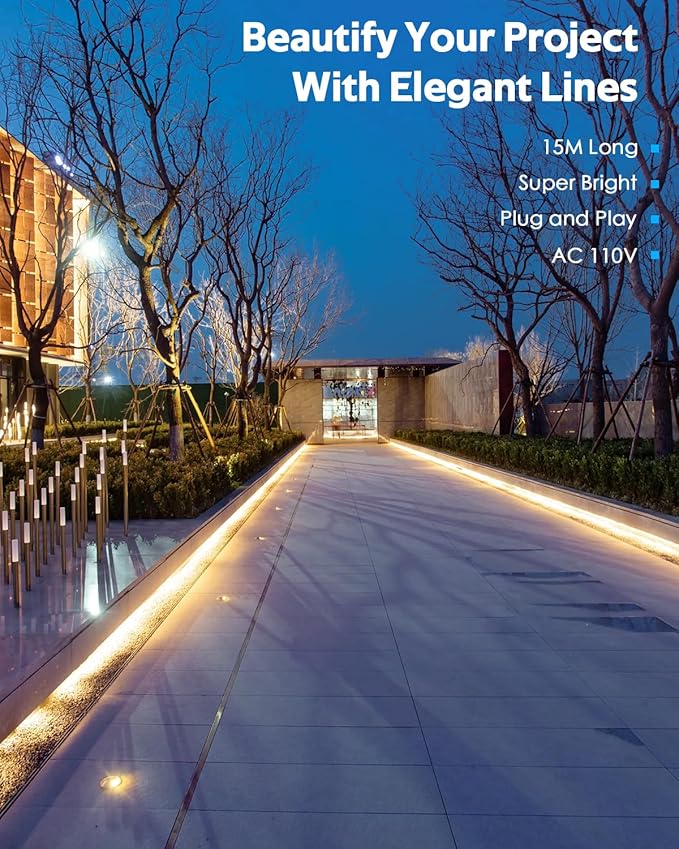 COB Outdoor LED Strip Lights Waterproof 50ft Dimmable LED Rope Light with Reomote AC 110V~120V Cuttable Flexible FCOB COB Light Strip Warm White 3000K for Building Garden Commerical Decor