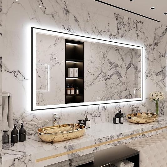 84x40 Large Light Bathroom Mirror - Backlit and Front Lighted LED Wall-Mounted Vanity Mirror Modern Rectangle Black Mirror, Dimmable, Anti-Fog, Memory, Shatterproof, ETL Listed (Horizontal/Vertical)