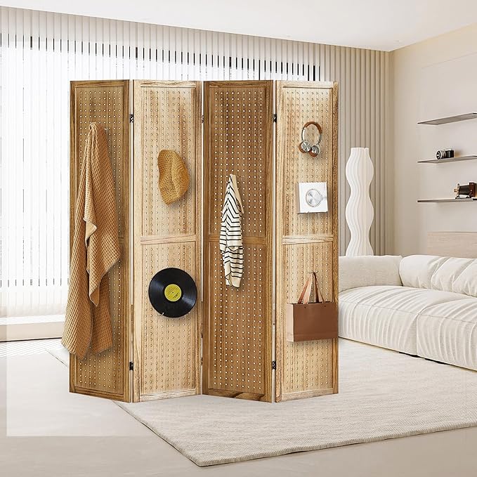 4 Panel Pegboard Display with 16 Hooks, Wooden Room Divider Wall and Folding Privacy Screens, Partition Room dividers, Pegboard Room Divider, Jewelry Store, Bedroom, Balcony, Light Brown