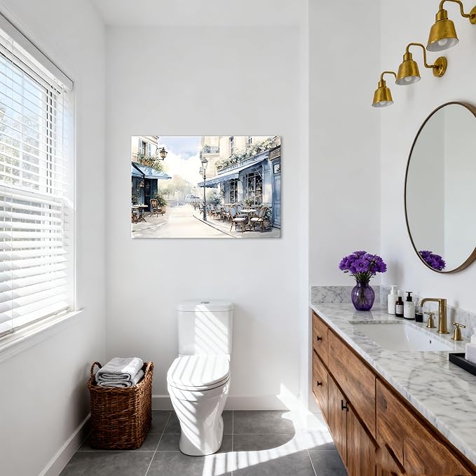 Modern Framed Street View Wall Art European Coffee Shop Canvas Print, Contemporary City Scene Painting, Vintage Cafe Artwork for Kitchen Dining Room Living Room, Bedroom Home Decor, Multi Size