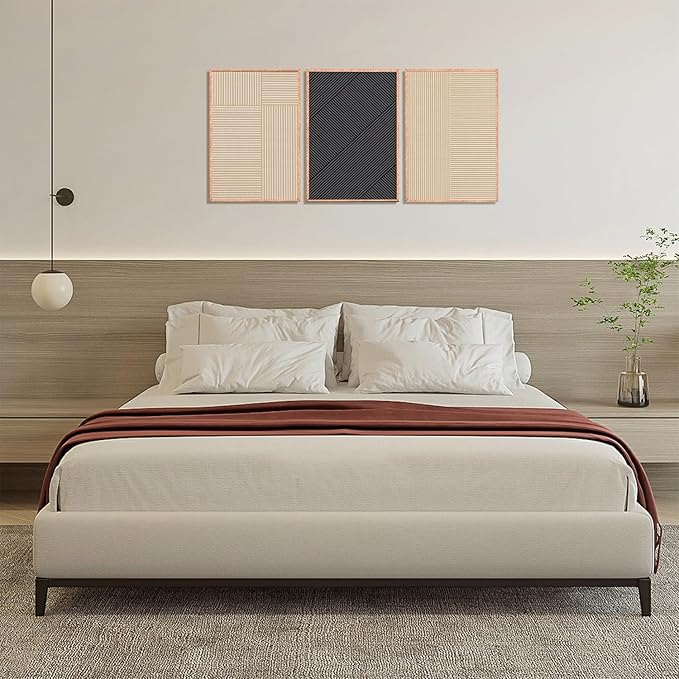 KAIRNE Modern Minimalist Wall Art Set of 3, Beige and Black Striped Geometric Prints with Wood Frame, Abstract Textured Wall Decor for Living Room, Bedroom, Office - 16x24 inch