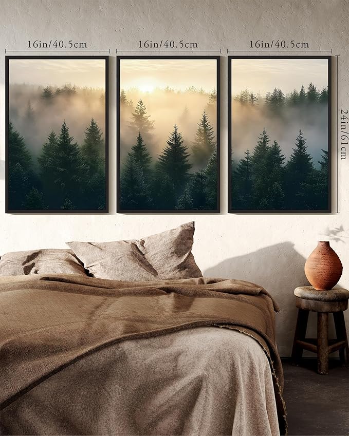 KUVIOKE Sun Dawn Fog Pine Tree Framed Wall Art Morden Nature Nordic Forests Artwork Home Decor 16x24in (Black Framed)