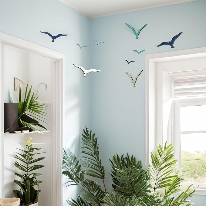 11 PCS Wooden Seagull Wall Art Beach Decor, Wood Sea Gull Ocean Coastal Decor for Wall, Adhesive Nautical Decor Sculpture Vintage Ornaments For Home Bathroom (Blue)