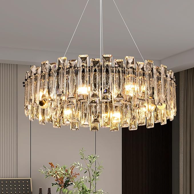 Modern Luxury K9 Crystal Chandelier 8-Lights Round Pendant Light Easy Install Ceiling Hanging Light Fixture for Dining Living Room Kitchen Island Entryway Foyer D23.6 Black