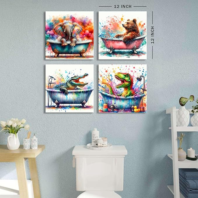 Kids Bathroom Wall Decor Cartoon Colorful Elephant Dinosaur Wall Art Funny Nursery Animals in Bathtub Picture Canvas Watercolor Bear Crocodile Artwork for Bedroom Bath Toilet Home Decoration 12x12" 4P