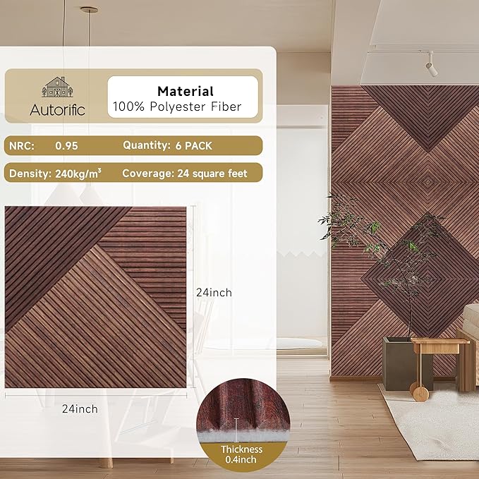 Acoustic Wall Panels,6 Pack Total Size 72 x 48 Inches,Self-Adhesive Decorative Acoustic Panels for Wall and ceiling,3D UV Printing with Wood Look,Red Sandalwood