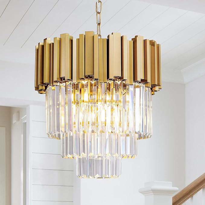 3-Tier 15.8" Modern Gold Crystal Chandelier, 5-Light Round K9 Crystal Pendant Light Fixture for Dinning Room, Kitchen Island, Bedroom, Living Room, Foyer, Entryway