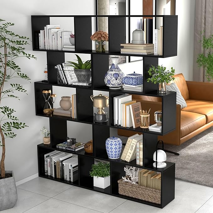 5 Tier Geometric Bookcase, S Shaped Bookshelf, Modern Decorative Storage Shelving, Wooden Room Divider Bookcase, 62.5" Tall Staggered Display Book Shelf for Living Room (2, Black)