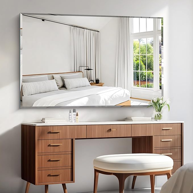 KOCUUY Beveled Mirror, 55x36 Inch Large Frameless Bathroom Mirror for Over Sink, Upgraded Shatterproof Beveled Unframed Design Mirror for Bathroom, Bedroom, Hang Horizontal/Vertical