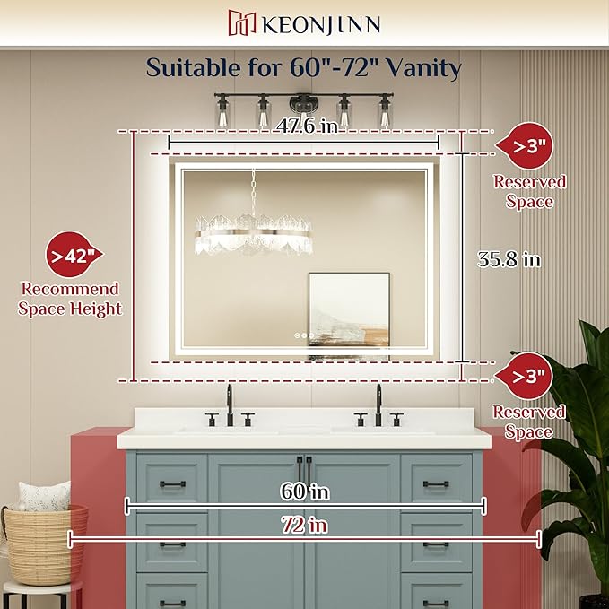 Keonjinn Bathroom Mirror with Lights 47.6" x 35.8" with Backlit and Front Light, Stepless 3 Colors Temperature Dimmable LED Bathroom Mirror, UL Listed LED Driver, Tempered Glass Lighted Vanity Mirror