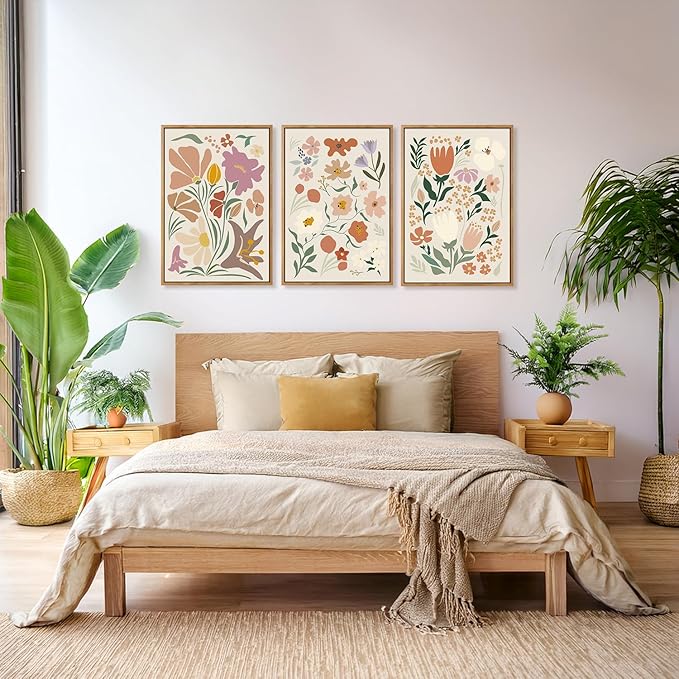 CHDITB Henri Matisse Framed Canvas Art Prints, Pink Beige Flower Market Wall Decor, Minimalist Floral Painting, Abstract Matisse Wall Art for Living Room, Bedroom, Dining Room 16"x24"x3