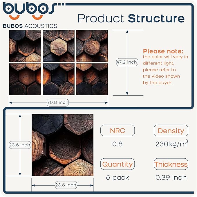 BUBOS 6 Pack Art Acoustic Panels Soundproof Wall Panel,70.8X47.2 Inches Large Sound Absorbing Panel,Self-Adhesive Decorative Acoustical Wall Panels, Acoustic Treatment for Home（Timber Code）