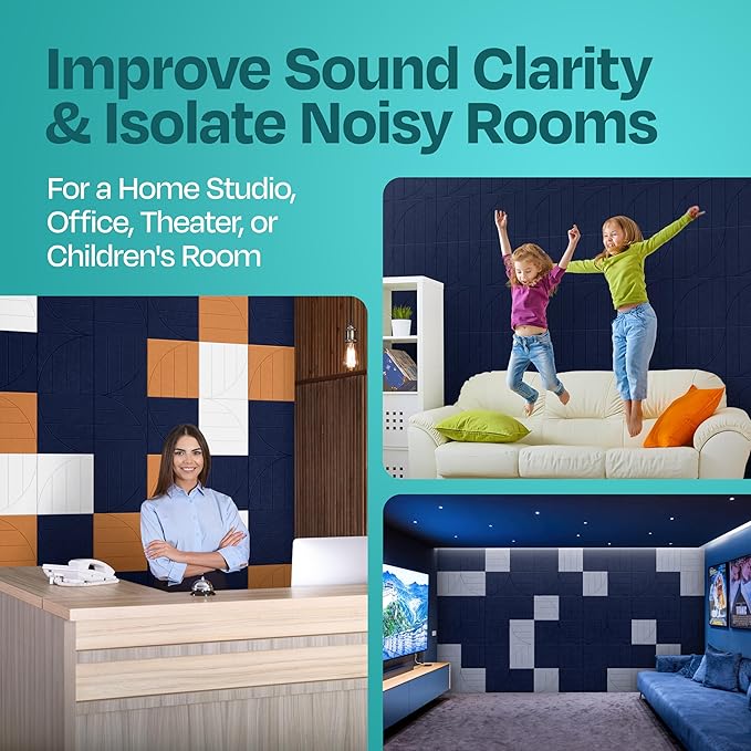 Acoustic Panels 12-Pack Soundproof Wall Panels 12"x12"x0.4" Decorative Sound Dampening for Your Home, Office, Studio, Bedroom & More with Unique ModuArc Carving [Denim Blue]