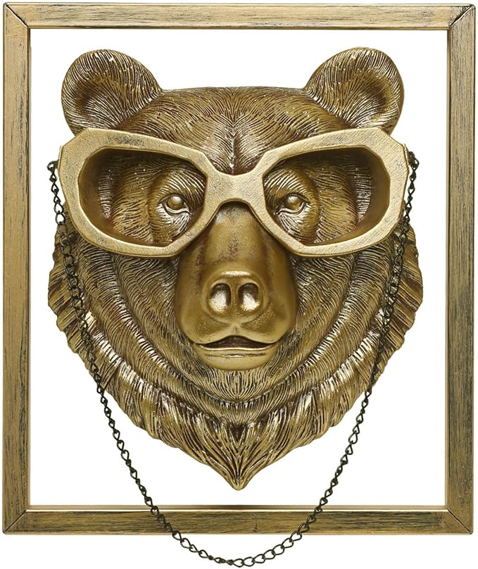 Newinhome Animal Heads Wall Decoration (Gift Metal Frame) Resin Animals Sculptures Head Wall Hanging Decor Gold vintage Wall Sculpture for Living Room Bedroom Office(Bear)