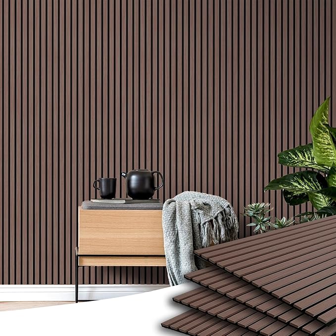 4-Piece Wood Slat Acoustic Panels for Stylish Decor and Noise Reduction, 3D Textured Panel for Ceiling and Wall - JK Walnut (47.2 L x 23.6 W in)