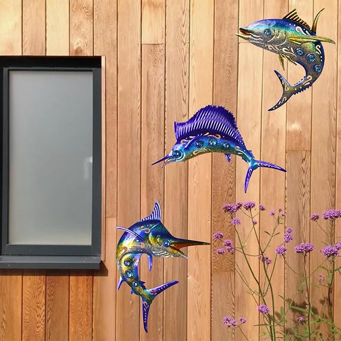 Metal Fish Wall Art Decor, 3-Piece Marlin Tuna Swordfish Set, Blue and Gold Tropical Ocean Theme Outdoor Wall Christmas Decor for Patio Garden Yard, Decorative Hanging Sculptures Christmas Decoration Gift