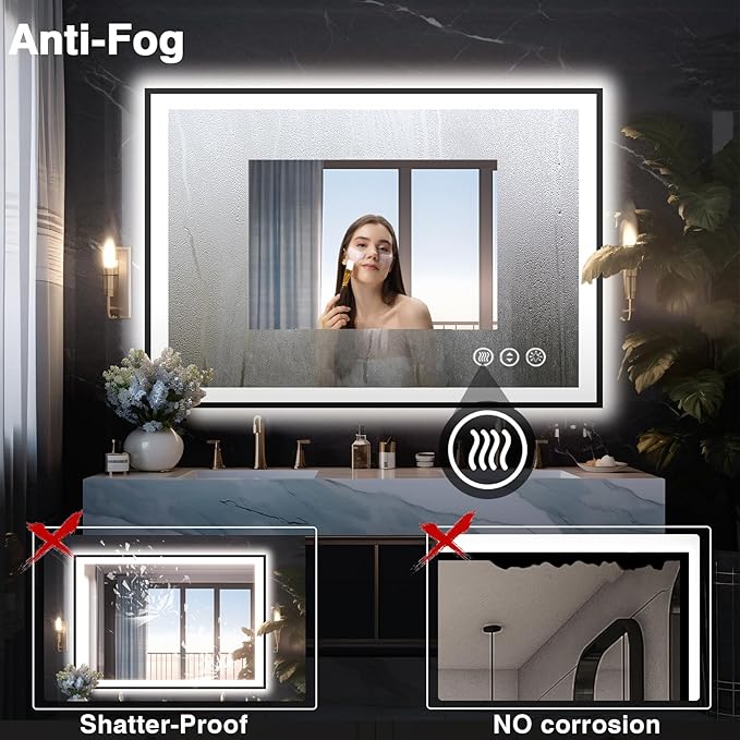 40x30 LED Lights Bathroom Mirror -Black Aluminum Rimmed(Front lit and Backlit),Anti-Fog Vanity Mirror with Lights,Stepless Dimmable Lighted Mirror,3 Colors Smart Mirror(Horizontal/Vertical)