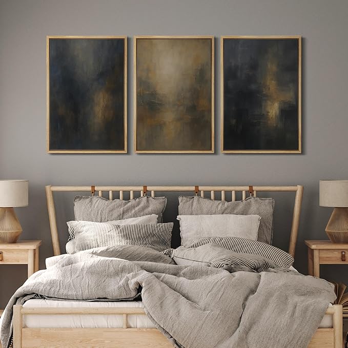 MUDECOR Framed Wall Art Print Set Dark Abstract Modern Contemporary in Navy Blue and Gold Brushstrokes Illustrations Modern Art Decorative for Living Room, Bedroom, Office - 24"x36"x3 Natural