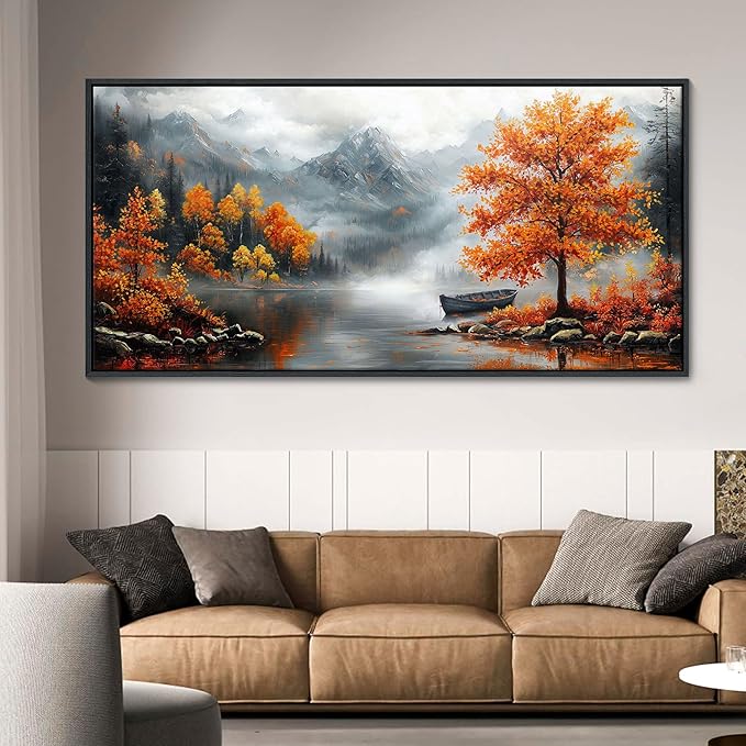 JEAWA Large Framed Canvas Painting - Landscape Wall Decor Ready to Hang, Majestic Mountain Picture, Orange Trees by the Lake Art Prints for Bedroom Living Room Home Decoration, 29x58 IN