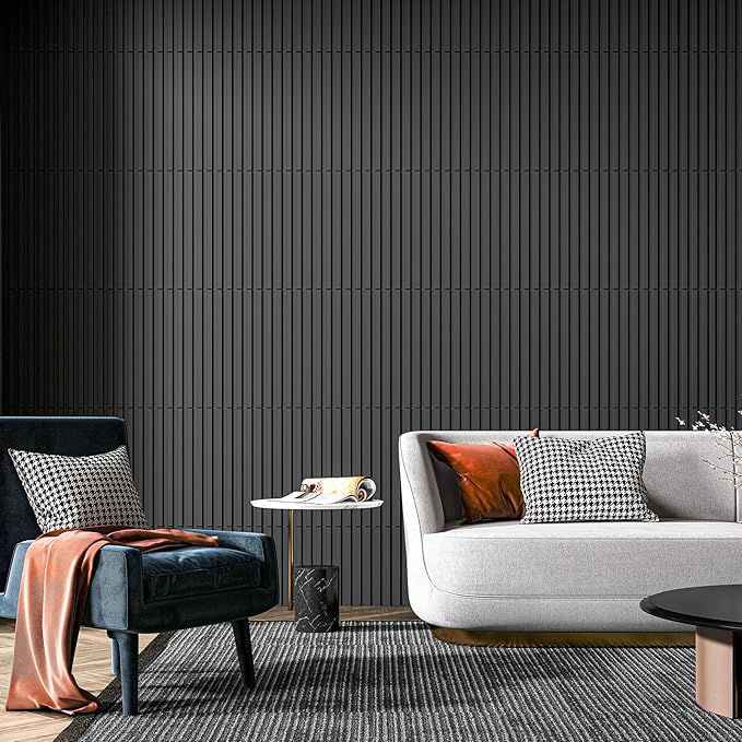 Art3d Slat Wall Panel, 3D Fluted Textured Panel 12-Tile 19.7 x 19.7in. - Cover 32 Sq.Ft., Black