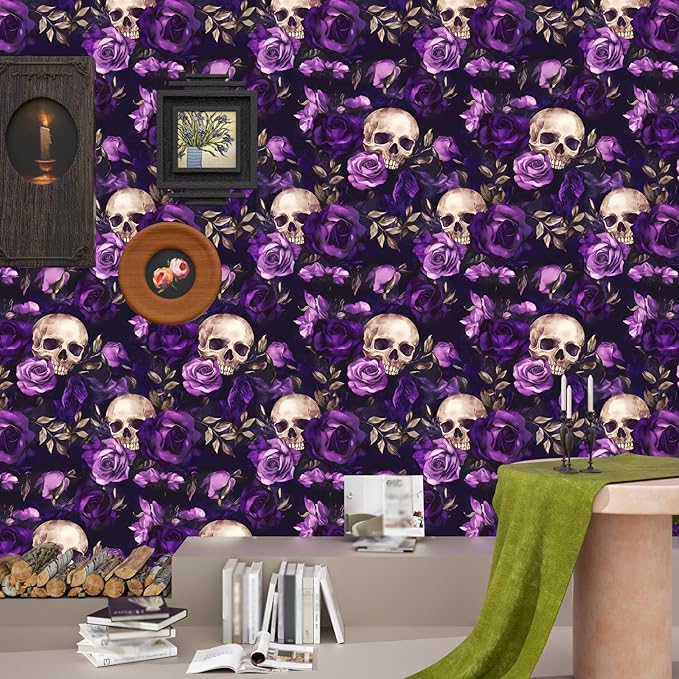 Black Floral Peel and Stick Wallpaper Vintage Boho Sugar Skull Contact Paper Gothic Flower Wall Mural Home Vinyl Waterproof Self Adhesive Removable Renter Friendly Wall Paper 17.5" x 118"