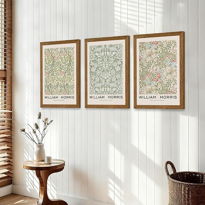 JLTULT 3 Piece Wood Frames Vintage Floral Canvas Wall Art, William Morris Flower Pattern Wall Decor, Nature Botanical Picture Artwork Prints for Living Room Bedroom Office 12x16 inch Easy to hang