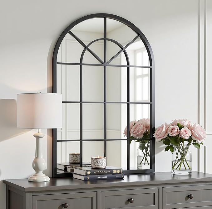 Arch Wall Mirror Mounted Decorative, 31"x42", Arched Window Pane Mirror for Wall-Mounted for Entryway, Bathroom Vanity, Living Room or Bedroom, Iron Frame, Black