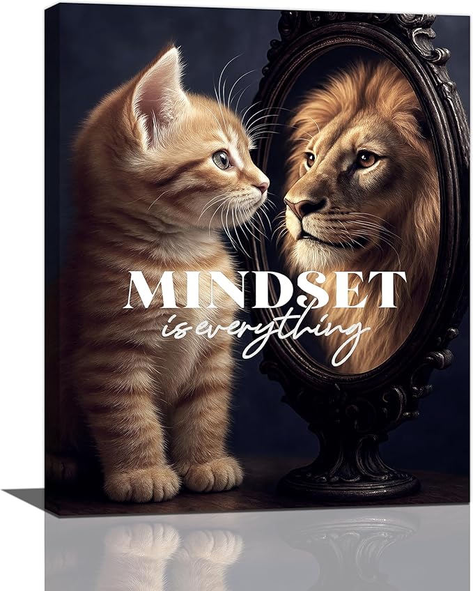 Motivational Lion And Cat Wall Art For Kids Mindset Is Everything Nursery Canvas Wall Decor Inspirational Pictures Paintings Prints Artwork Framed Decorations For Children's Room Bathroom Bedroom Living Room Office Gifts 16" x 20"