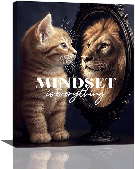 Motivational Lion And Cat Wall Art For Kids Mindset Is Everything Nursery Canvas Wall Decor Inspirational Pictures Paintings Prints Artwork Framed Decorations For Children's Room Bathroom Bedroom Living Room Office Gifts 16" x 20"