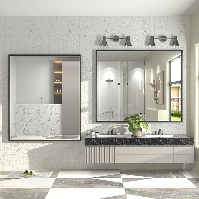 48x40 Inch Black Metal Framed Bathroom Mirror for Wall, Large Rectangle Mirror, Matte Black Bathroom Vanity Mirror, Anti-Rust, Square Corner, Shatterproof (Horizontal/Vertical)