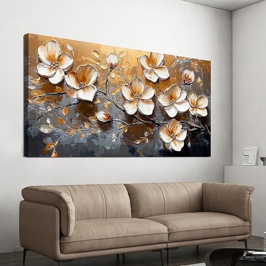 Canvas Wall Art Decor Modern Wall Art Pictures for Living Room Canvas Art Wall Decor Large Artwork for Walls Gold Floral Wall Art Decor White Wall Art Prints for Bedroom Office Wall Decor 24" X 48"