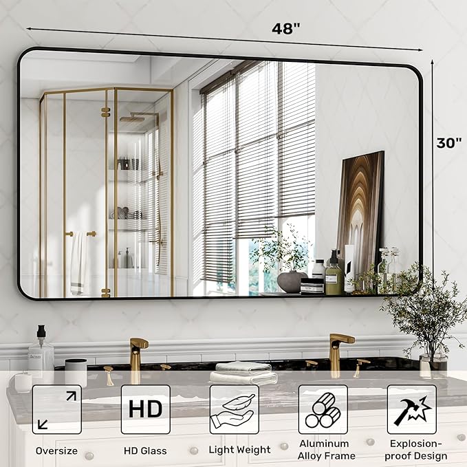30 x 48 Inch Bathroom Mirror, Rounded Rectangular Vanity Mirror for Wall, Modern Mirror for Room Decor, Black Framed Wall-Mounted Mirrors for Home Decor, Hangs Horizontally or Vertically