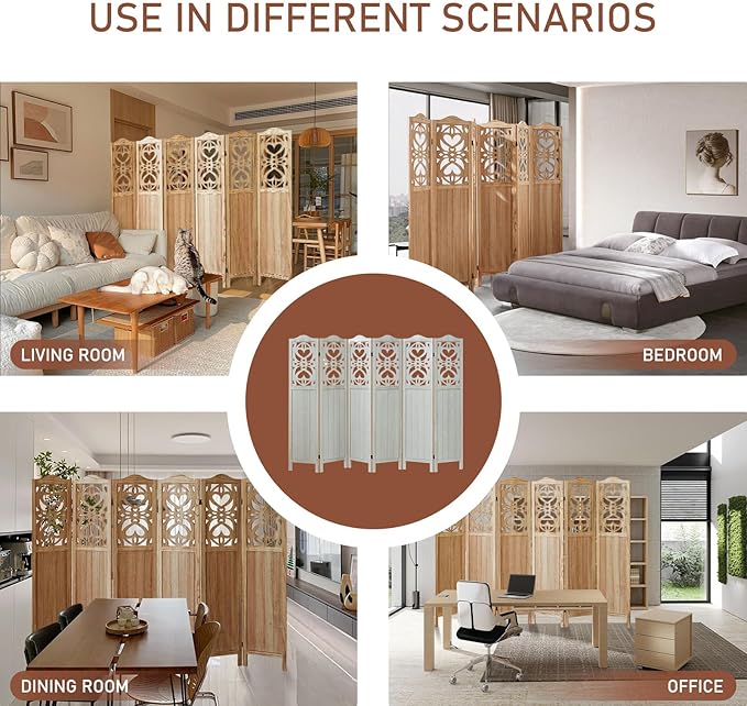 6 Panel Room Divider Fully Assembled, Carved Room Dividers and Folding Screens, 5.6Ft Wood Room Divider Screen Freestanding Partition Wall Dividers for Home Bedroom Office, Rustic Wood Color