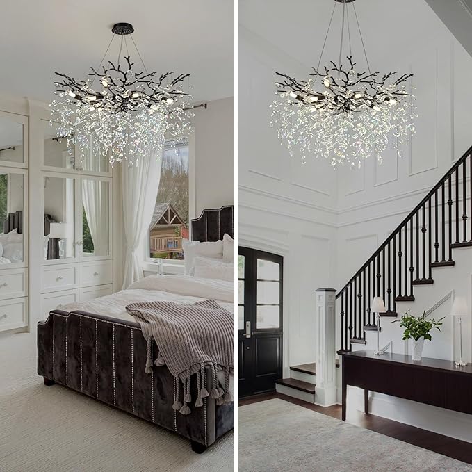 Modern Black Crystal Tree Branch Chandelier, 10-Light 30" Black K9 Crystal Chandeliers for Dining Room, Round Chandelier for Living Room,High Ceiling,Kitchen Island,Foyer,Staircase