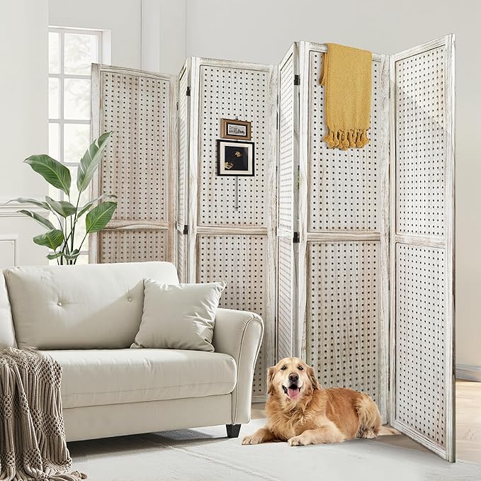 6 Panel Room Divider with Pegboard Display 5.6FT Wood PegBoard Room Dividers, Folding Privacy Screens Portable Freestanding Partition Wall Divider for Art Shows & Room Separation, Natural Wood