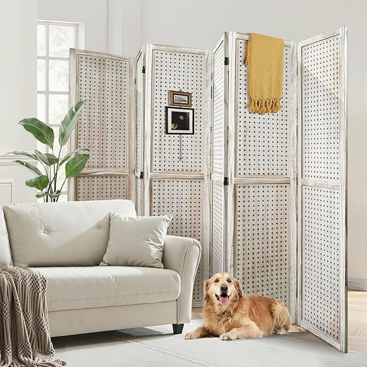 6 Panel Room Divider with Pegboard Display 5.6FT Wood PegBoard Room Dividers, Folding Privacy Screens Portable Freestanding Partition Wall Divider for Art Shows & Room Separation, Natural Wood