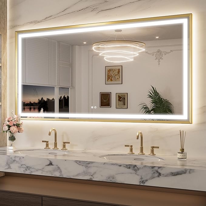 Keonjinn 72 x 36 Inch LED Mirror for Bathroom Large, Gold Front & Back Lighted Bathroom Mirror, HD Shatter-proof Tempered Glass, UL Listed LED Driver, Beveled Framed, 3 Color Lights, Dimmale, Anti-fog
