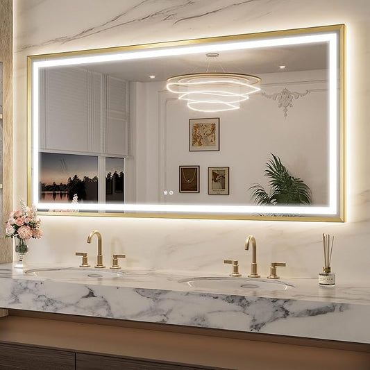 Keonjinn 72 x 36 Inch LED Mirror for Bathroom Large, Gold Front & Back Lighted Bathroom Mirror, HD Shatter-proof Tempered Glass, UL Listed LED Driver, Beveled Framed, 3 Color Lights, Dimmale, Anti-fog