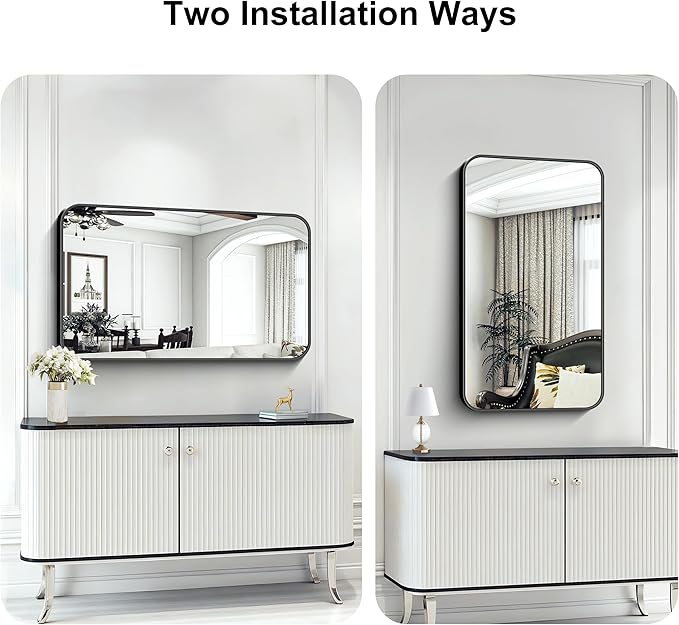 KOCUUY Bathroom Mirror 24" x 40", Black Rectangle Mirror with Metal Frame, Matte Black Vanity Mirror Rounded Corner Decorative for Bedroom, Living Room, Entryway (Horizontal/Vertical)