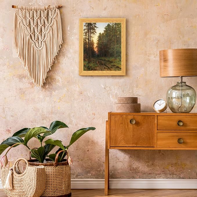 Brivoria Framed Canvas Wall Art Vintage Decor, Realistic Autumn Pine Forest Scene with Muddy Trail, Golden Sunset and Water Reflection for Bedroom Entryway Hallway or Rustic Nature Display, 13"x16"