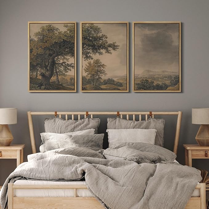 MUDECOR Framed Wall Art Print Set Vintage Landscape Rustic Tree and Mountain View Illustrations Decorative Colorful for Living Room, Bedroom, Office - 16"x24"x3 Natural