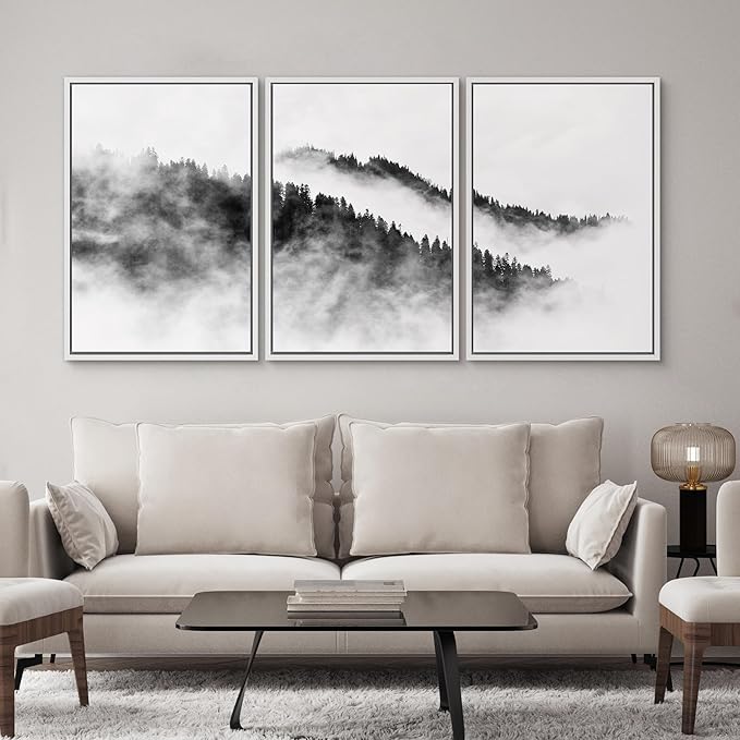 SIGNWIN Framed Canvas Print Wall Art Set Black & White Mountain Forest Valley Nature Wilderness Photography Modern Art Rustic Landscape Relax/Calm for Living Room, Bedroom, Office - 16"x24"x3 White