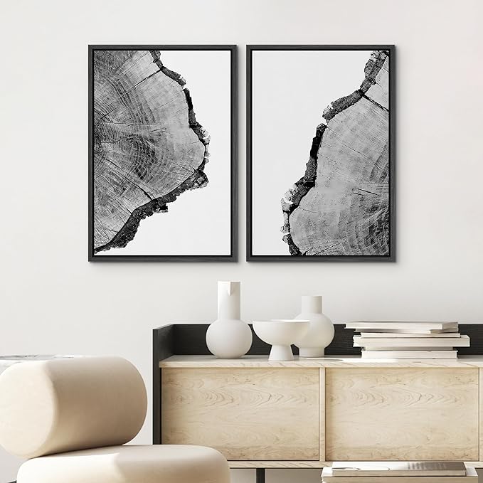 SIGNWIN Framed Wall Art Print Set Black & White Close Up Tree Ring Details Nature Wilderness Photography Modern Art Multicolor for Living Room, Bedroom, Office - 24"x36"x2 Black
