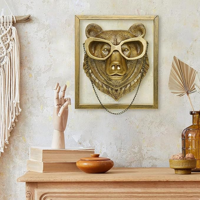 Newinhome Animal Heads Wall Decoration (Gift Metal Frame) Resin Animals Sculptures Head Wall Hanging Decor Gold vintage Wall Sculpture for Living Room Bedroom Office(Bear)