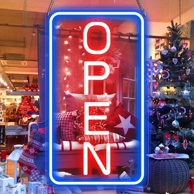 22.8"x 11.8" Ultra Bright 12V Neon Open Sign for Business, LED Open Neon Sign, Electric Light up Signs for Stores, Restaurants Offices Retail Shops Window (Blue-Red-Vertical)
