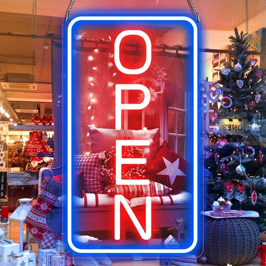 22.8"x 11.8" Ultra Bright 12V Neon Open Sign for Business, LED Open Neon Sign, Electric Light up Signs for Stores, Restaurants Offices Retail Shops Window (Blue-Red-Vertical)