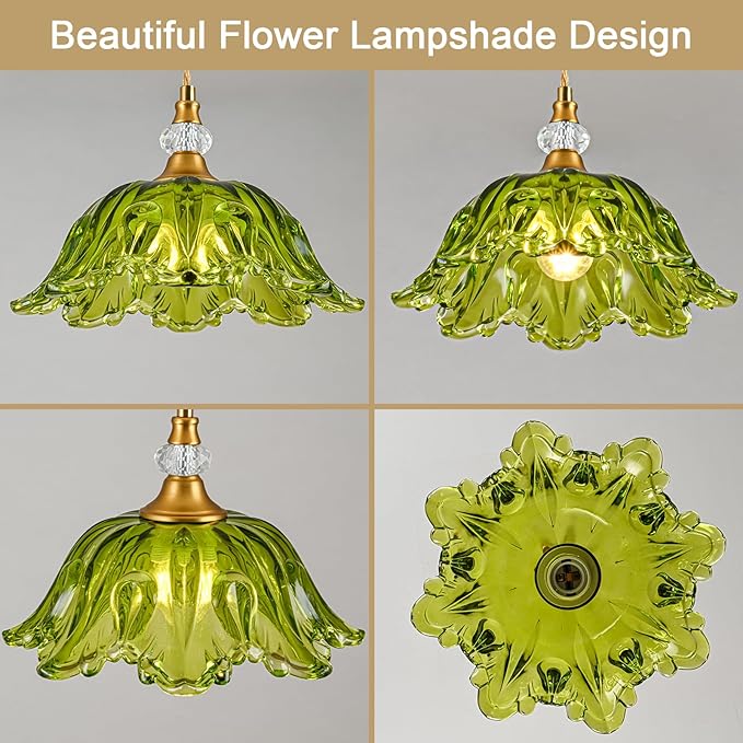 1 Piece Vintage Chandelier Light Fixtures with Green Glass Shade, Matte Antique Brass Finish Pendant Light Kitchen Island, Adjustable Hanging Light for Dining Room, Hallway, Living Room, Bedroom