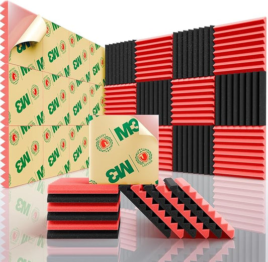Acoustic Panels Upgrade Self-Adhesive 12pack,1" X 12" X 12" Sound Proof Foam Panels for walls Quick-Recovery,Sound Panels 35kg/m³High Density,Soundproof Wall Panels for wall Decor,Black&Red
