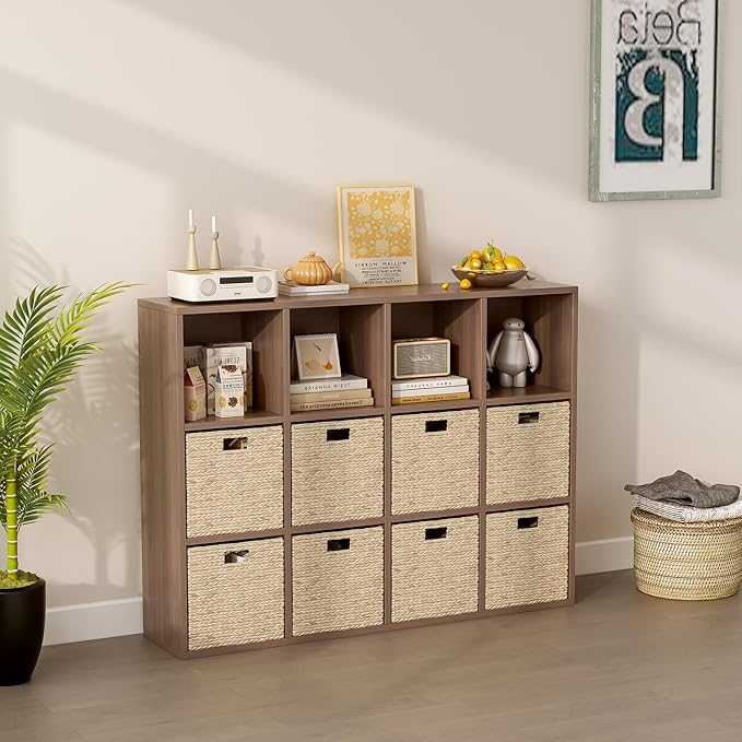 12-Cube Storage Shelf Bookcase - Wooden 3-Tier Floor Standing Open Bookshelf for Home and Office, Cuby Orgainzer, Walnut