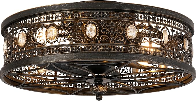 Caged Ceiling Fans with Lights,Vintage Victorian Rustic Crystal Fandelier,Low Profile Flush Mount,Small Enclosed Bladeless Ceiling Fan with Light for Bedroom,Kitchen,Living Room,Dining Room